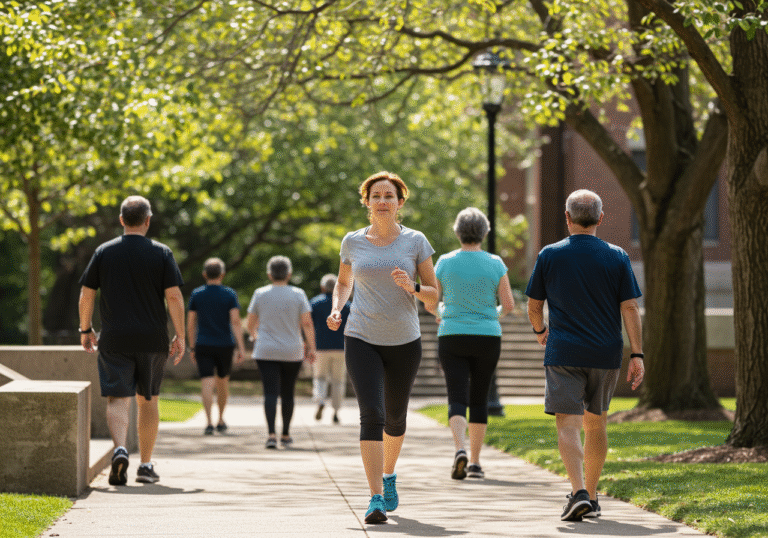 A diverse group of adults, including middle-aged and older individuals, engaged in purposeful, brisk walking on a tree-lined campus pathway on a sunny afternoon. One person is actively climbing outdoor stairs while another, a woman, is power walking with a determined expression. The setting is a university campus in the United States, subtly suggesting an academic environment associated with health research. The scene conveys vitality and the pursuit of longevity through physical activity.
