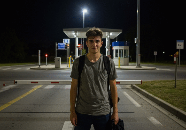 A 23-year-old Croatian man, Bruno Horvat, stands at a Croatian-Serbian border crossing at night, illuminated by artificial lights. It's the early hours of August 16, 2025, after he crossed from Serbia. He wears casual, slightly rumpled clothing and his face shows a mixture of exhaustion and profound relief. In the background, a typical border checkpoint structure, including a customs booth and a vehicle barrier, is visible under the cool, artificial lighting, with subtle indications of a larger border facility.