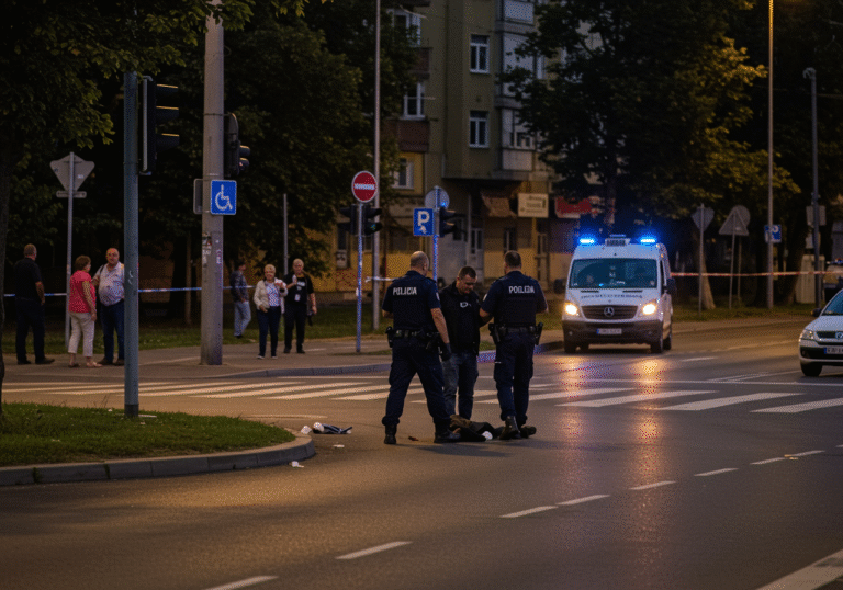 Late afternoon light illuminates an intersection near Park Bartola Kašića in central Zagreb, Croatia. Croatian police officers in uniform are apprehending a 41-year-old man at the crossing of Martićeva and Tuškanova streets in the Medveščak area. A 71-year-old man lies severely injured on the ground nearby, possibly with a discarded metal bicycle chain visible on the pavement. The scene captures the immediate aftermath of a brutal attack, with concerned onlookers in the background. The atmosphere is tense and serious, reflecting a real-world news event.