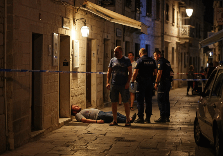 Early morning light illuminates a cobblestone street in Mandre, Pag island, Croatia. A 37-year-old German man lies on the ground outside a local hospitality establishment, his face visibly bruised and severely injured, appearing disoriented. Nearby, Croatian police officers are interacting with a 28-year-old Montenegrin man. The scene reflects the somber aftermath of a violent altercation in a usually tranquil tourist location.