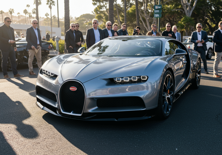 The ultra-exclusive 'Brouillard' Bugatti coupé, with its 1,600 horsepower and fluid, organically shaped surfaces, prominently displayed at Monterey Car Week in Monterey, California, USA. Bright afternoon sunlight illuminates the bespoke vehicle, inspired by Ettore Bugatti's horse, highlighting its sculptural elegance. The scene captures the high-end automotive event atmosphere, with attendees in the background admiring the unique car.