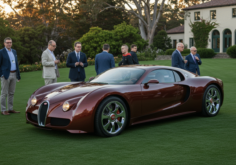 A custom-built, deep metallic brown Bugatti Brouillard coupé, featuring fluid, muscular body lines reminiscent of equine anatomy, elegantly parked on a pristine green lawn at an exclusive automotive event during Monterey Car Week in California. The late afternoon sun illuminates its handcrafted details, casting long, soft shadows. A small group of well-dressed automotive collectors and enthusiasts stand nearby, admiring the unique vehicle with expressions of quiet appreciation. Lush trees and classic estate architecture are visible in the background, conveying an atmosphere of ultra-luxury and bespoke craftsmanship.