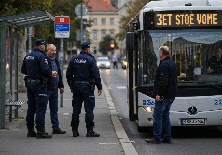 A tense early morning scene unfolds at a ZET public transport bus stop on Kaptol in Zagreb, Croatia, around 7:00 AM. Two uniformed Croatian police officers are confronting a visibly agitated 73-year-old man on the sidewalk, next to the open door of a stationary ZET bus. The 38-year-old bus driver stands a short distance away, appearing shaken and with a visible minor injury to his face or arm. Soft morning light illuminates the urban street, capturing a moment of incident aftermath and police intervention.