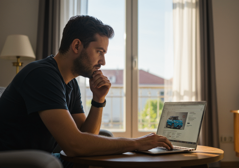 A person, mid-30s, looking thoughtfully at a laptop screen in a modern living room in Croatia, early morning light filtering through the window. The screen displays a webpage related to electric cars, possibly featuring a thumbnail image of a BYD Dolphin Surf or Citroën e-C3, but no text or logos are visible. The person's expression is contemplative, reflecting the ongoing search for new information on electric vehicle comparisons.