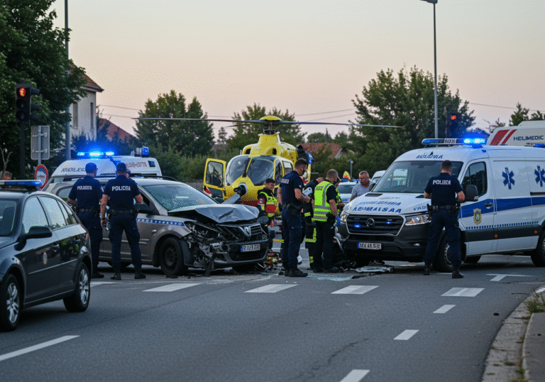 Late afternoon on August 8, 2025, at an intersection leading towards Jankovac in Čačinci, Virovitica-Podravina County, Croatia. Croatian police officers in dark blue uniforms are conducting an intensive investigation around two severely damaged passenger vehicles that have collided. Emergency medical personnel in bright uniforms are present near an ambulance and multiple police cars with flashing blue lights. In the background, a Helimedic emergency medical helicopter is on the ground, indicating an air transfer of a patient to KBC Osijek. Traffic is being carefully diverted by police around the accident perimeter. The scene is active and professional under the clear August sky.