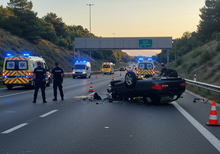 An overturned personal vehicle rests on its roof on the D-1 expressway, heading from Klis towards Solin, positioned just before the first tunnel. It is early morning on August 12, 2025, with the cool light of dawn breaking. Croatian police officers in dark uniforms are present, directing traffic around the scene. An ambulance and police vehicles display flashing blue and red emergency lights on the road. The Klis-Solin lane is blocked by the wreckage and emergency vehicles, with traffic cones and temporary barriers diverting vehicles onto alternative routes, leading to visible morning congestion in the background.