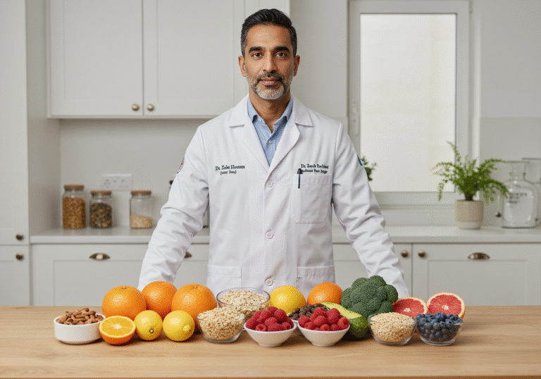 A distinguished male medical expert, Dr. Zain Hasan, wearing a professional lab coat, standing in a bright, modern kitchen or a clean, well-lit consultation room. He is looking directly at the viewer with a calm, knowledgeable expression. In front of him, on a natural wood or light-colored countertop, is an inviting, artfully arranged display of specific whole foods: vibrant oranges, yellow lemons, and pink grapefruits, alongside rich red raspberries and deep blue blueberries. Separate small bowls contain whole grains like oats and quinoa, and various seeds such as flax and chia. Natural, soft daylight from a window illuminates the scene, emphasizing the freshness and healthfulness of the ingredients, conveying a sense of expert advice on cardiovascular health and blood pressure regulation.