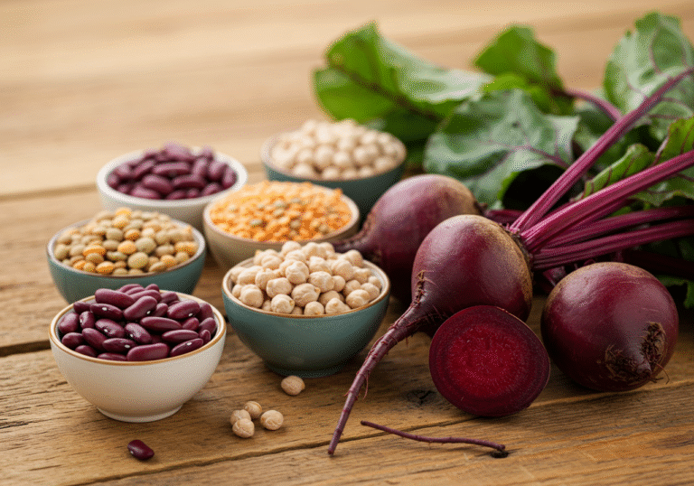 A vibrant, editorial-style close-up of a rustic wooden kitchen table, bathed in natural soft daylight. Artfully arranged are a variety of dried beans including kidney beans, chickpeas, and lentils, displayed in small, simple ceramic bowls. Alongside them, several whole, deep red beetroots with their earthy greens are prominently placed. The scene evokes a sense of natural health and a fresh, preventative dietary approach, in line with new cardiology recommendations.