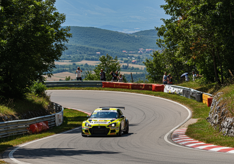 A brightly colored, high-performance race car cornering sharply on a narrow, winding asphalt track during a hill climb event in Cazin, Bosnia and Herzegovina. The car is leaning into the turn, with its tires gripping the road surface. The track is carved into a lush, green hillside, bordered by tall trees and opening up to views of distant, rolling mountains characteristic of the Bosnian landscape. The scene is illuminated by strong natural sunlight under a clear summer sky. In the background, a few spectators stand safely behind a fence, observing the race. The image captures the challenging nature and high speed of the competition.