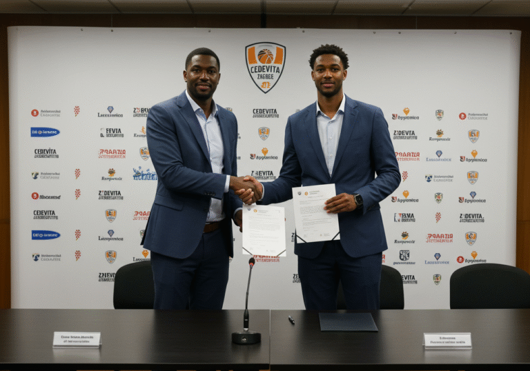 A professional photograph inside a modern press conference room in Zagreb, Croatia, in early August 2025. American basketball player Corey Allen-Williams, a 27-year-old man, is formally shaking hands with Tomislav Zebić, the Director of Košarkaški klub Cedevita Junior Zagreb, over a table with a signed contract document. Allen-Williams is dressed in a smart dark suit, while Zebić wears a business suit. A prominent backdrop displaying the visual identity and colors of Košarkaški klub Cedevita Junior Zagreb is behind them. Bright, even lighting illuminates the scene, capturing a significant moment for the Croatian basketball club.