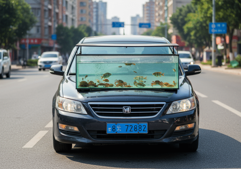 A street-level, sunny summer view in Shenyang, Northeast China, showing the front of a moving car with an unusual modification. A transparent glass aquarium, filled with water and several small live fish and crabs, is securely mounted on the center of the vehicle's hood. Sunlight glints off the water in the aquarium, illuminating the aquatic life within. The car is on a busy city road, with blurred typical Chinese urban buildings and other vehicles in the background.