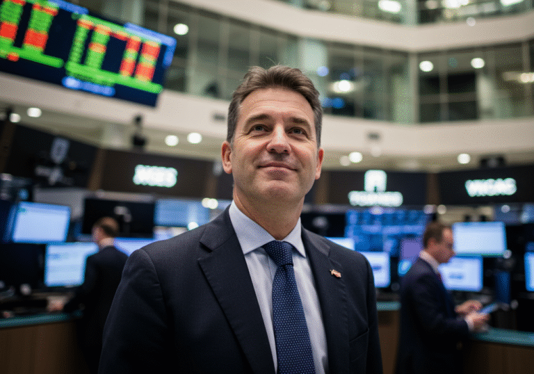 A professional, well-dressed male investor or trader in his late 40s, with a subtle, confident smile, looking slightly upwards at a large, out-of-focus digital stock display screen, with no visible text or numbers. The background shows a modern, brightly lit trading floor or financial office within the Zagreb Stock Exchange building in Zagreb, Croatia, with other blurred business figures in the distance. The atmosphere is optimistic and dynamic, under clear daytime lighting.