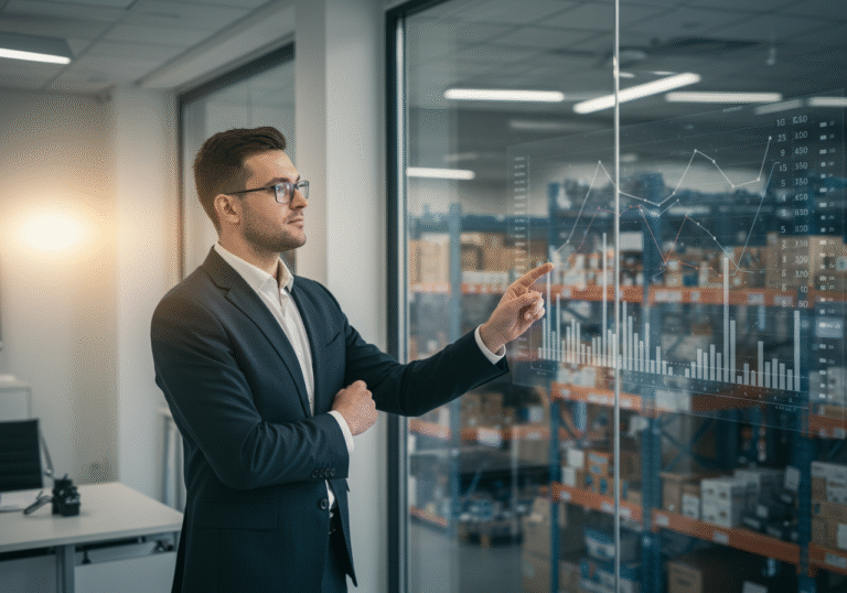 A professional in smart business attire stands confidently in a bright, modern corporate office in Croatia, glancing at a digital display showing positive financial figures. Sunlight streams through a large window, revealing a subtle, blurred background image of an organized auto parts warehouse or logistics facility, indicating the company's core business as a leading distributor. The individual's expression is calm and assured, reflecting the reported exceptional financial performance and strong business momentum of the Croatian company.
