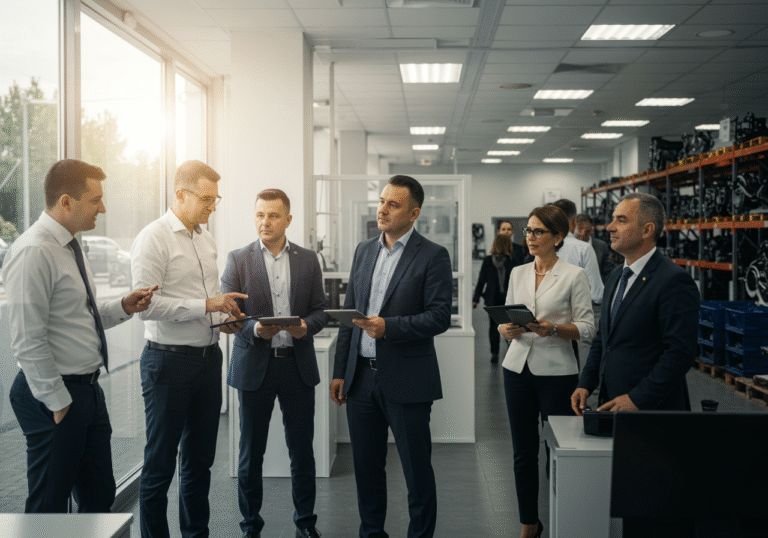 A sunlit, modern corporate office in Zagreb, Croatia, on a bright August day. A diverse group of business executives in professional attire are gathered, looking confident and discussing. One executive holds a tablet, gesturing towards a sleek display screen. Beyond a glass partition, a clean, organized logistics center is visible, showcasing rows of auto parts. The scene conveys robust business growth and professional success.