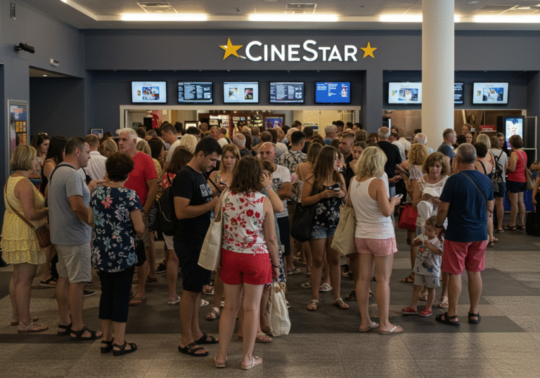 A lively CineStar cinema lobby in a Croatian city during a special summer event. People of all ages, including families, teenagers, and couples, are congregating, some queuing at the ticket counters, others interacting with their mobile phones to purchase tickets for an affordable movie experience. The atmosphere is joyful and expectant. Subtle natural light illuminates the modern and well-maintained cinema interior, capturing a moment of widespread public enjoyment of cultural entertainment.