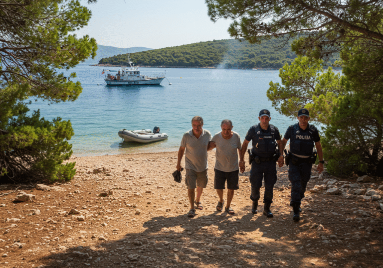 A 64-year-old Argentinian man, wearing a light-colored t-shirt and shorts, is being led by two uniformed Croatian police officers along a dry, rocky path near the shoreline of Racetinova cove on Čiovo island. In the background, a subtle haze of smoke rises from the pine forest, and a small, deflated rubber boat is visible near the water's edge. A Croatian marine police vessel is anchored offshore in the calm, blue waters. The scene is bathed in the harsh, bright sunlight of a mid-August afternoon, typical of the arid Mediterranean landscape between Gornji and Donji Okrug in Croatia.