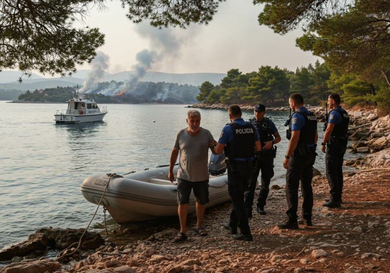 A 64-year-old Argentinian man is being apprehended by Croatian maritime police officers near a small rubber boat at the rocky shoreline of Racetinovac Bay, Čiovo Island, Croatia, during mid-afternoon. Behind them, thick plumes of smoke rise from a wildfire actively burning through dry grass and pine forest. The bright August afternoon sunlight casts a warm glow, subtly diffused by the smoke haze. A Croatian police patrol boat is visible on the calm sea nearby.
