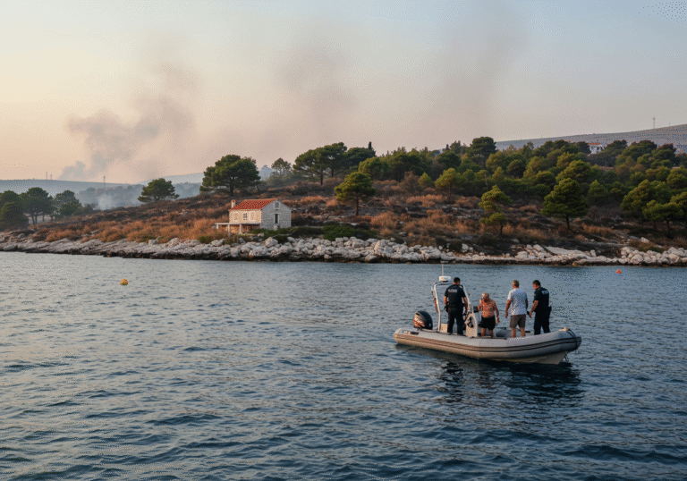 Late afternoon sunlight illuminates the coast of Ciovo island, Croatia, where a large wildfire has been contained. Croatian police officers in dark blue uniforms are seen on a patrol vessel on the calm Adriatic Sea, escorting a dishevelled 64-year-old man from a small rubber dinghy. Behind them, wisps of smoke rise from the charred pine forest and dry grass on the island's slopes in Racetinovac bay.