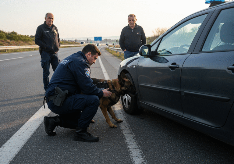 A Croatian police officer in a dark blue uniform kneels beside a dark Peugeot car with Split license plates, parked on the paved shoulder of the A1 highway near Donja Zdenčina. His police K9, a focused German Shepherd named Ares, is actively sniffing the dashboard area near the passenger airbag inside the car, showing a strong alert. Another Croatian police officer stands watch in the background, near the 62-year-old male driver who appears somber. Bright late morning sunlight illuminates the scene, with the Croatian highway visible in the background.