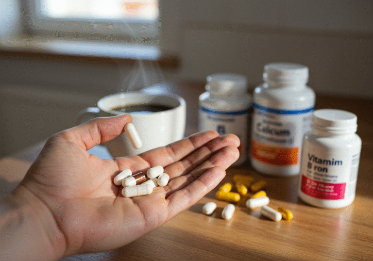 A person's hand holding a white calcium supplement pill, poised over an open palm containing various other vitamin capsules, with a steaming cup of black coffee visible in the background, slightly out of focus, on a modern kitchen counter in a bright Croatian home. Soft morning light from a window illuminates the scene, casting gentle shadows on the wooden surface where several supplement bottles, including those for Vitamin D, B vitamins, and iron, are also present. The atmosphere is quiet, clean, and representative of an everyday health routine.