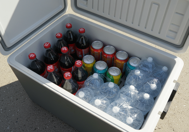 An open 30-liter cooler box, viewed from a slightly elevated angle, revealing its contents. Inside, neatly arranged, are twelve 0.75-liter bottles of carbonated drinks, eight 0.33-liter cans of juice, and six 0.5-liter bags of water. A substantial amount of empty space, clearly visible, fills approximately half of the cooler's interior volume. The scene is illuminated by bright, natural daylight, set against a plain, neutral background, presenting a clear, editorial-style image focused on the precise inventory of the cooler's contents.