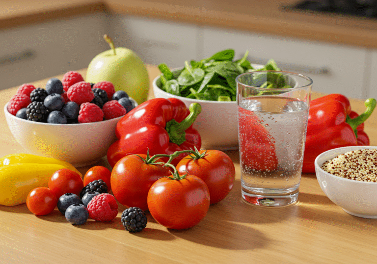 A bright, naturally lit close-up of a collection of fresh, colorful food items on a clean wooden kitchen table. The arrangement includes a bowl overflowing with vibrant mixed berries, several ripe red tomatoes, colorful bell peppers (red, yellow, green), a crisp salad bowl filled with leafy greens, and a small bowl of cooked quinoa. A clear glass of water with condensation stands beside the food, catching the sunlight, suggesting refreshment on a hot summer day.