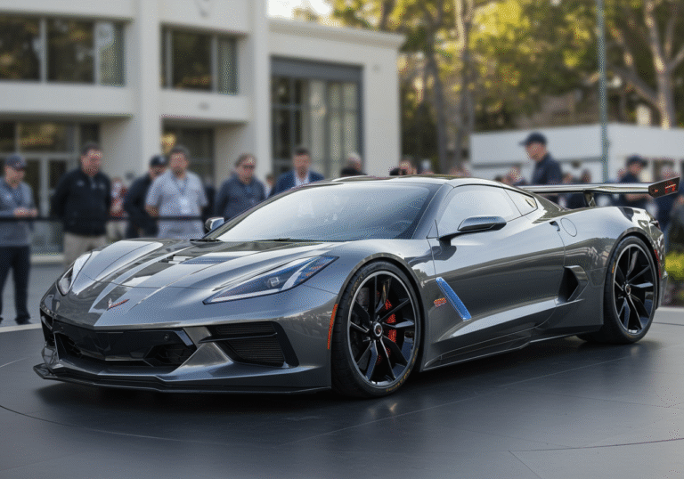 A futuristic Chevrolet Corvette CX electric hypercar concept prominently displayed at Monterey Car Week, gleaming under bright California daylight. The sleek 2000-horsepower prototype showcases advanced aerodynamic features, including a prominent rear wing and a very low, ground-hugging profile, positioned outdoors on a clean display platform. The background is softly blurred, showing glimpses of the prestigious car show's upscale environment and discerning attendees admiring the vehicles.