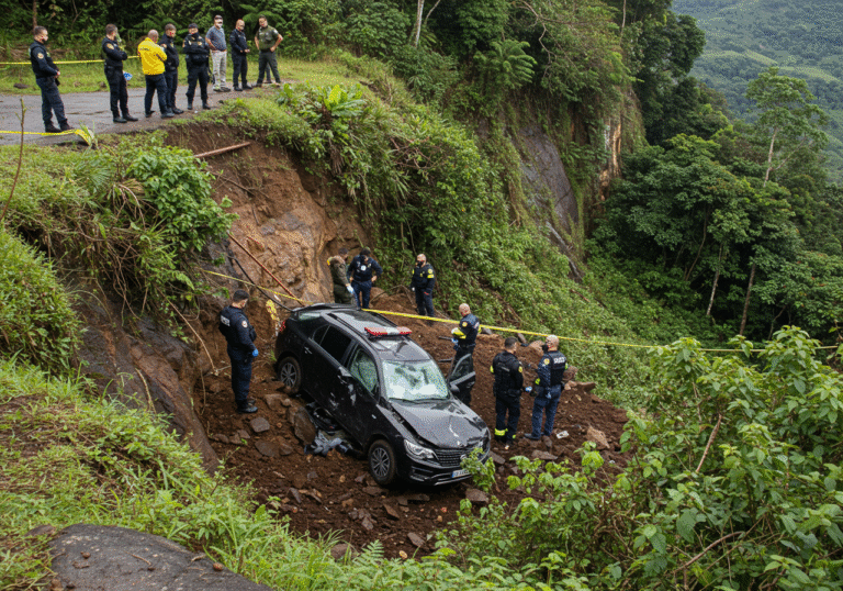 Daylight view of a tragic accident scene at a popular viewpoint in Venda Nova do Imigrante, Espirito Santo, Brazil. Brazilian rescue services and police personnel are investigating the heavily damaged car wreckage at the base of a steep, densely vegetated cliff. The vehicle is crumpled, having fallen approximately 100 meters and rolled an additional 300 meters into the terrain below. Above, at the cliff's edge, the ground appears wet and slippery. The scene captures the somber aftermath of the discovery, with investigators working methodically.