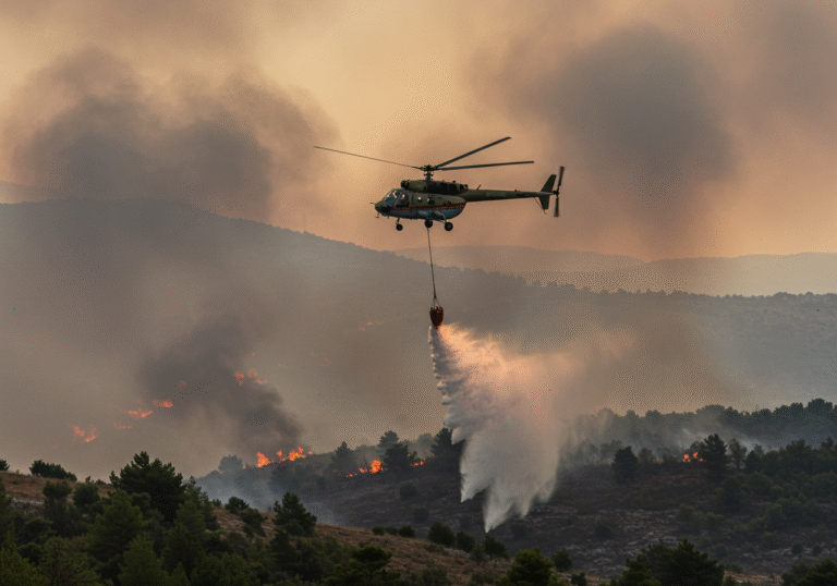 A Serbian Kamov Ka-32 helicopter, with a five-ton water drop, actively battles a large forest fire in the rugged terrain near Podgorica, Montenegro. Thick, dark smoke billows from the burning trees, carried by strong winds under a hazy, hot August sky. The sun glares through the smoke, highlighting the intense orange glow of the flames in the distance, showing vast areas of scorched earth and active fire lines.