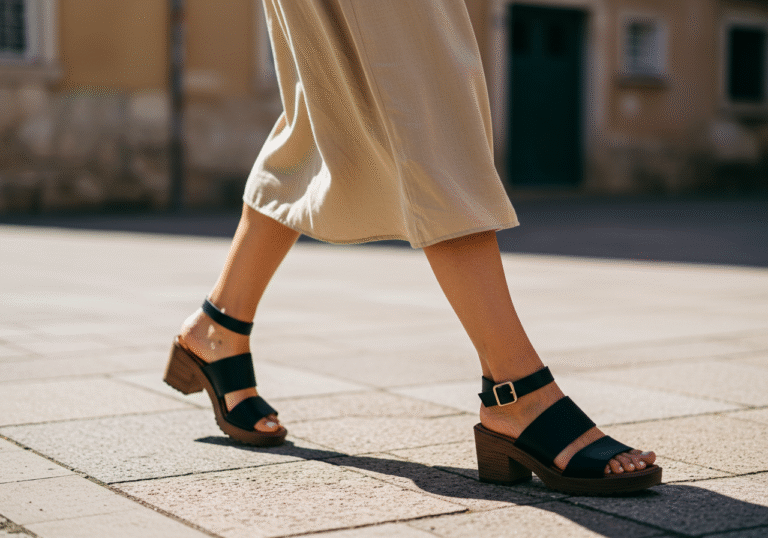 A stylish woman in her late 20s or early 30s walking confidently on an urban street in Croatia under natural daylight. She is wearing black sandals with wide, comfortable straps and a sturdy block heel, prominently featured. Her outfit is a flowing midi dress, showcasing the versatility and elegance of the sandals. The scene captures the blend of 90s fashion revival with contemporary Croatian street style, emphasizing comfort and chic.