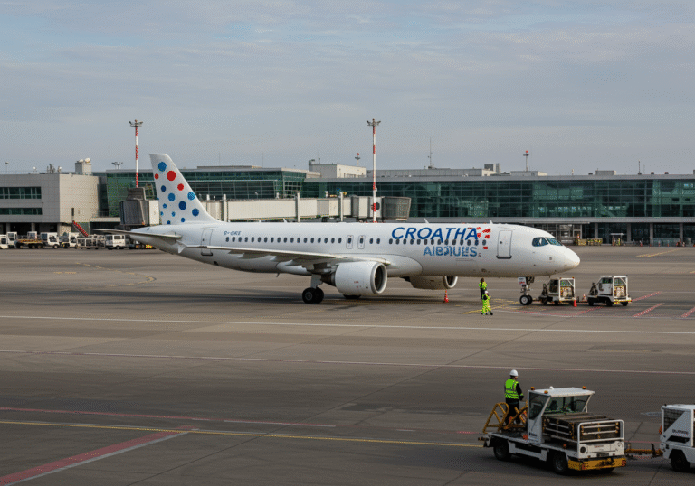 An Airbus A220 aircraft in Croatia Airlines livery is parked on the tarmac at Zagreb Franjo Tuđman Airport in Croatia. Midday sunlight illuminates the scene. A few airport ground staff are visible near the aircraft. In the background, part of the modern airport terminal building is visible under a clear sky.