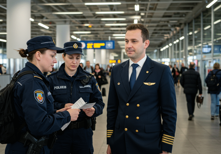A male pilot in a dark blue Croatia Airlines uniform stands in a well-lit gate area of a modern airport terminal, likely Zagreb Airport, Croatia. Two uniformed Croatian police officers are conducting a security check, one officer holding and reviewing a document, possibly a passenger list or identification. The pilot's expression is professional yet subtly conveys a sense of tension or inconvenience. Other travelers and airport staff are visible in the soft focus background, creating a realistic, editorial daytime scene within a busy public space.