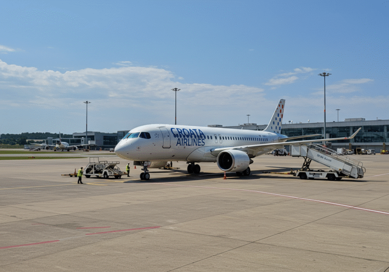 A new Croatia Airlines Airbus A220 aircraft, featuring the national carrier's distinctive livery, is parked at a gate on the active ramp of a major Croatian international airport. It's a clear, bright summer afternoon, with sunlight glinting off the aircraft's modern fuselage. Ground crew members are visible around the plane, engaged in operational preparations, reflecting the airline's ongoing fleet modernization and expansion efforts.