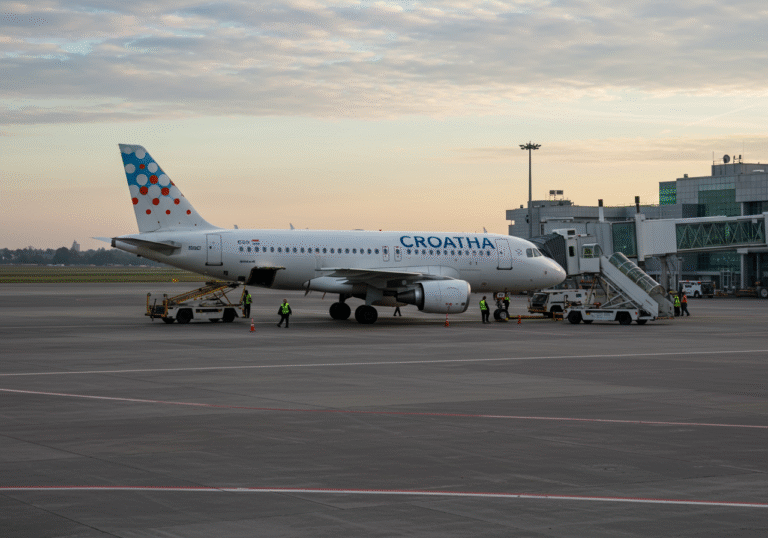 An Airbus aircraft belonging to Croatia Airlines is parked at a boarding gate at Zagreb Airport. Early morning light casts soft shadows across the tarmac as a few passengers walk towards the aircraft via the air bridge. Airport ground staff and service vehicles are visible near the plane. The scene conveys the routine operations of a European airline, with realistic airport architecture and a subtle Croatian flag emblem visible on the terminal building or a flag pole in the distance under a clear to partly cloudy sky.