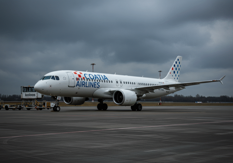 A modern Airbus A220 aircraft, prominently featuring Croatia Airlines livery, is positioned on an airport tarmac in Croatia. The new plane, part of the national carrier's significant fleet modernization, stands under a serious, overcast sky, with subtle hints of ongoing ground operations around it. The overall atmosphere conveys the substantial strategic investments and complex operational landscape faced by the airline.