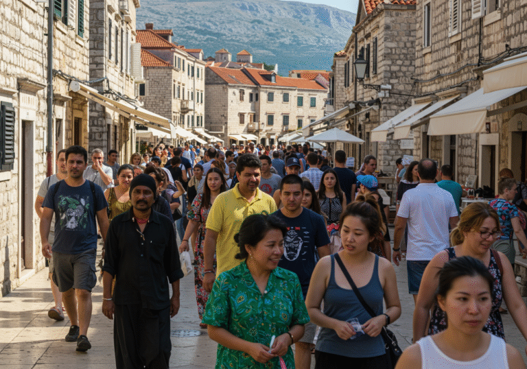 A bustling street scene in a vibrant Croatian coastal city on a bright summer day. Groups of people of diverse backgrounds, including individuals of South Asian, Southeast Asian, and Balkan descent, are intermingling with local Croatian residents. Some individuals are clearly identifiable as workers, wearing uniforms for the hospitality sector or typical construction attire. In the background, traditional stone buildings and a glimpse of the sparkling Adriatic Sea are visible under clear skies. The atmosphere is active and dynamic, reflecting a busy economy.