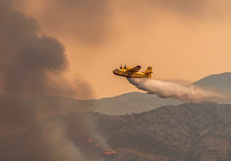 A Croatian Air Force Canadair CL-415 firefighting aircraft flies low over a rugged, smoke-filled Montenegrin mountainous landscape near Podgorica, actively dropping water onto a large forest fire below. Thick plumes of dark smoke rise dramatically from the dry, scorched earth, partially obscuring the distant hills. The sky is hazy and orange due to the intense wildfires, with the strong August sunlight filtering through the smoke. The distinct Croatian markings are visible on the aircraft as it operates against the backdrop of the extensive devastation, symbolizing international humanitarian aid.
