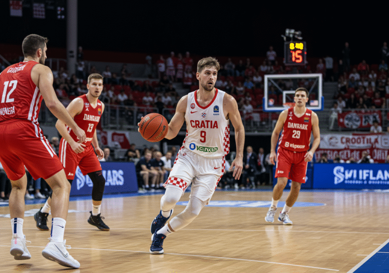 A dynamic, eye-level shot of a Croatian basketball player in a white national team jersey driving towards the basket or shooting during an evening game. The player shows intense focus and athleticism on the brightly lit court inside Marino Cvetković Hall in Opatija, Croatia. Opposing Danish players in red jerseys are visible in the background, along with a blurred crowd of spectators. The scene captures the high energy and strong team spirit of the FIBA World Cup 2027 European Pre-Qualifier on August 9, 2025.