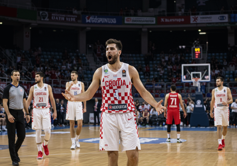 A victorious Croatian men's national basketball team player, mid-celebration, on the court inside the Marino Cvetković Hall in Opatija, Croatia. The player, wearing a national team jersey, is raising their arms or high-fiving a teammate, displaying a triumphant and confident expression after their 100:71 win against Denmark. The bright, professional overhead lighting illuminates the polished wooden court, with the blurred outline of arena seating and spectators in the background. The scene captures the intense atmosphere of an evening basketball game and the strong cohesion of the winning team.