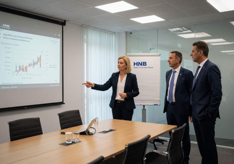 Croatian National Bank (HNB) financial experts, a small group of two or three dressed in business professional attire, stand in a bright, modern conference room in Zagreb, Croatia, on the morning of August 7, 2025. One expert, a woman in her late 40s, points to a projected graph on a screen, while a male colleague in his 50s nods in agreement, both showing expressions of quiet confidence and professional pride. The room features contemporary Croatian architecture elements and natural light, reflecting the stability and success of Croatia's economy as it officially becomes an IMF creditor nation. The overall atmosphere is one of professionalism and national achievement.