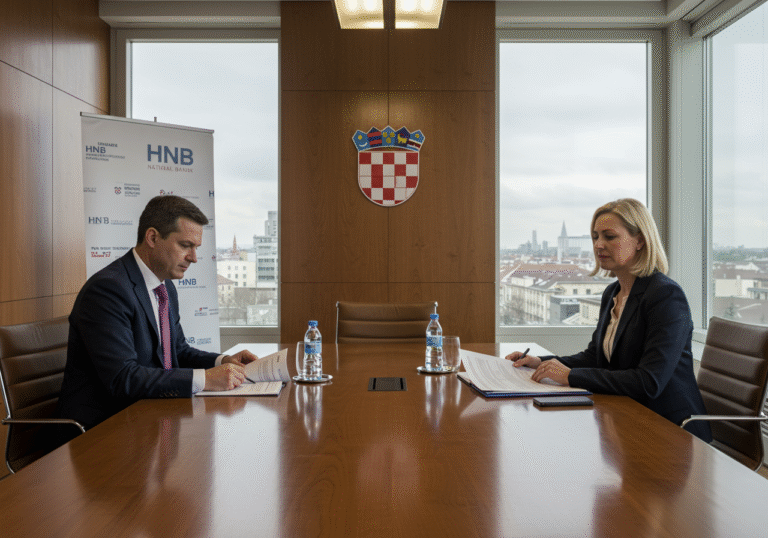 A professional editorial photograph capturing a moment of serious discussion among high-ranking officials at the Croatian National Bank (HNB) headquarters in Zagreb. A male and a female Croatian official, dressed in formal business attire, are seated at a large, polished conference table, looking at financial documents. The room is modern and well-lit with natural light streaming through a large window, offering a subtle view of urban Zagreb. The scene conveys an atmosphere of financial stability and the strategic importance of Croatia's new role as a creditor nation to the International Monetary Fund, marked by the HNB's first participation in an IMF loan.