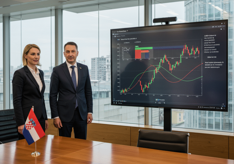 Two Croatian financial professionals, one woman and one man in sharp business attire, stand with a confident yet focused expression in a modern, well-lit boardroom within the Croatian National Bank building in Zagreb. They are looking towards a large display screen showing abstract financial diagrams, representing Croatia's new role as an IMF creditor. A small, neatly folded Croatian flag is visible on a polished wooden table in the foreground. Bright natural daylight streams through large windows, offering a blurred view of a contemporary city skyline in the distance.