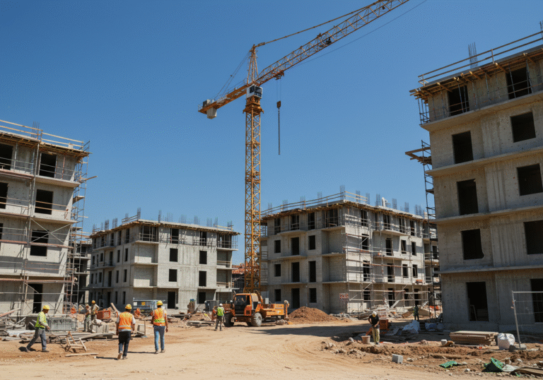 An active construction site in Croatia on a clear summer day. Several new multi-story residential buildings are under construction, with scaffolding and partially completed facades visible. Construction workers in safety gear are moving on site, and a large crane is prominent against the bright blue sky. The scene captures the ongoing expansion of the housing sector in a Croatian urban or suburban landscape, bathed in natural sunlight.