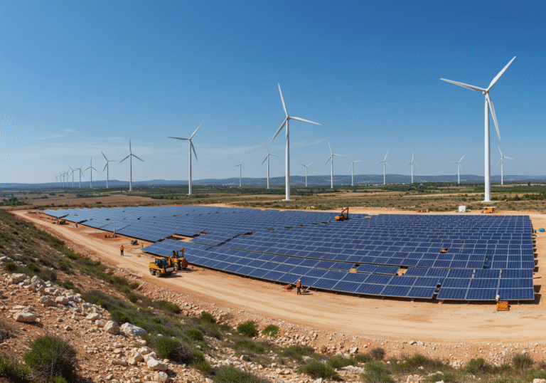 A panoramic wide shot of the vast Korlat energy park construction site near Benkovac, Croatia, on a bright, sunny day. In the foreground, large arrays of solar panels are being installed on the arid, rocky landscape, with visible construction equipment and a few workers in hard hats and safety vests. In the background, numerous tall, white wind turbines of the already operational Vjetroelektrana Korlat stand prominently against a clear blue sky, emphasizing the hybrid nature of the renewable energy complex. The surrounding terrain features low, rolling hills with sparse Mediterranean vegetation, characteristic of the Croatian region. The scene captures the significant scale and ongoing development of this major energy independence project.