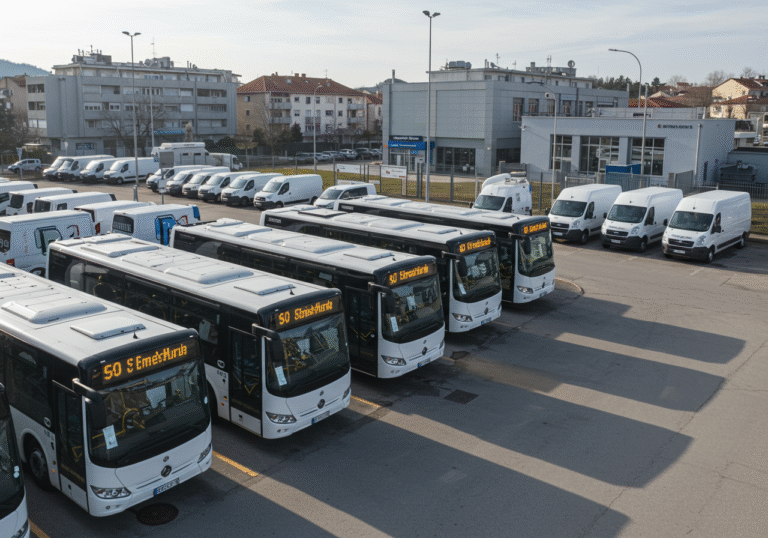 Daytime wide shot of a commercial vehicle dealership lot in a Croatian city. A prominent display of several modern, gleaming city buses with clear, new vehicle tags or temporary registration plates fills the foreground, indicating recent acquisitions and high activity. In the background or off to one side, a notably smaller and more dispersed group of new light commercial vans (up to 3.5 tons) are parked, appearing less numerous in comparison. The lot is clean and organized under natural sunlight, with contemporary Croatian commercial buildings visible in the distance, captured in an editorial photography style.