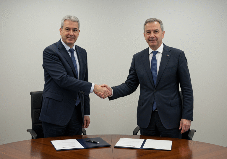 A Croatian government official and Simon Larkin, Senior Director for Events at WRC Promoter, shaking hands firmly over a polished conference table. Signed agreement documents are neatly stacked on the table between them. They are both dressed in dark business suits, standing in a well-lit, contemporary meeting room in Croatia. The background features a plain, light-colored wall, adding to the professional and official atmosphere of the announcement.