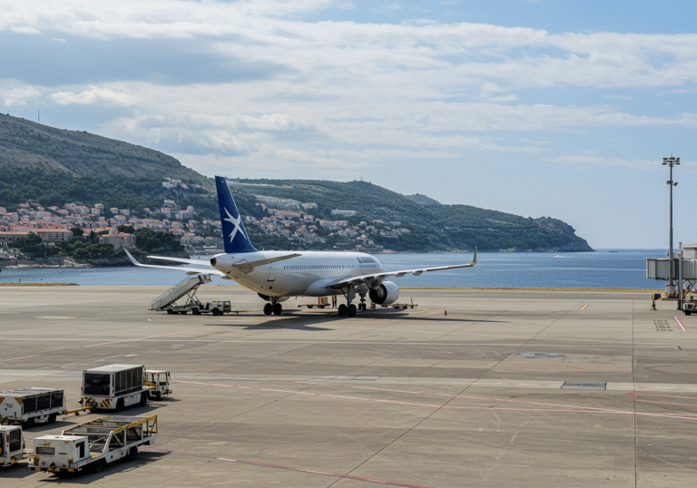 A modern wide-body aircraft, resembling those operated by major U.S. carriers, is visible at a gate on the tarmac of Dubrovnik Airport in Croatia. The plane's tail is distinct, but no text or logos are explicitly readable. In the background, under a bright Mediterranean sky, the scenic coastal landscape of the Dubrovnik region unfolds, with its unique rugged hills and the clear blue Adriatic Sea. The scene is bustling with ground crew activity, suggesting an active international airport facilitating new air connections.
