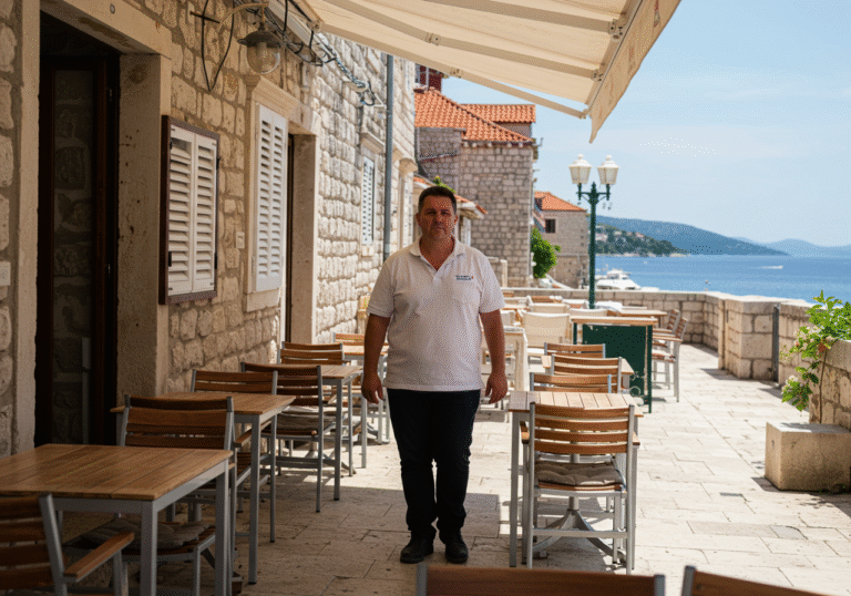 A Croatian cafe owner stands thoughtfully on a sunlit terrace in a coastal town during a bright July afternoon. The outdoor seating area is notably quiet, with only a few empty chairs and tables, hinting at a less bustling summer than usual. The owner, a person in their 40s or 50s, looks out towards the street with a pensive, slightly concerned expression, their posture reflecting a moment of quiet reflection amidst the subtle shift in economic sentiment. Traditional Croatian stone architecture and a distant glimpse of the Adriatic Sea are visible under the clear sky, emphasizing the setting.