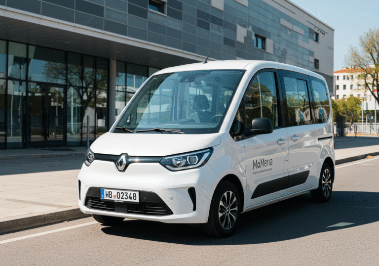 A new, modern electric passenger vehicle (M1 category) is parked in a contemporary business or commercial setting in Croatia under bright, clear daylight. The vehicle appears clean and ready for integration into a company fleet, symbolizing the push for green transport. Subtle elements of modern Croatian architecture and infrastructure are visible in the background, reinforcing the local context of the initiative for corporate sustainable mobility.