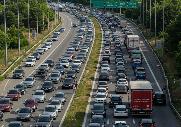 A wide, realistic editorial photograph of a massive traffic jam on the A3 highway near Novska, Croatia, on a sunny August afternoon. Hundreds of vehicles, including cars and trucks, are completely stopped, forming an incredibly long queue stretching into the distance. The multi-lane highway is gridlocked, with some drivers standing outside their cars due to the prolonged standstill. In the far distance, faint flashing blue and red lights from Croatian emergency services are visible, indicating a serious incident that has brought traffic to a halt. The atmosphere is hot and frustrating, typical of a busy extended weekend on a main route to the Adriatic coast.